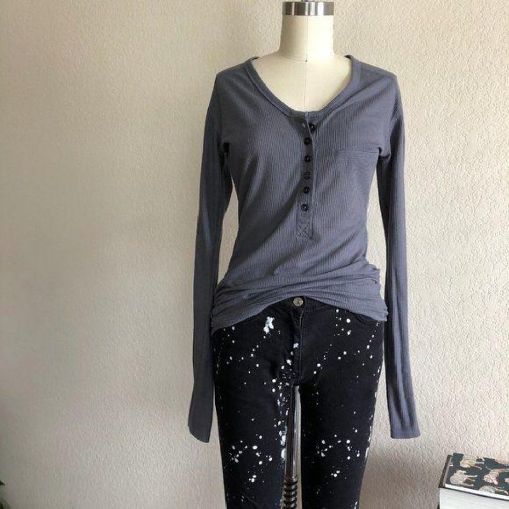 Alexander Wang Grey LS Athletic Thermal Henley Tee